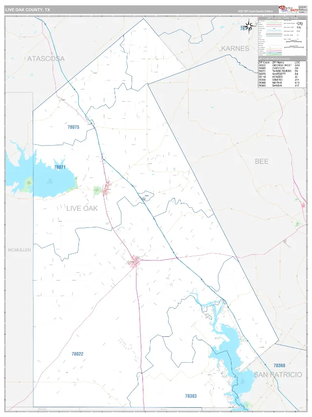 Live Oak County, TX ZIP Code Wall Map, Classic style