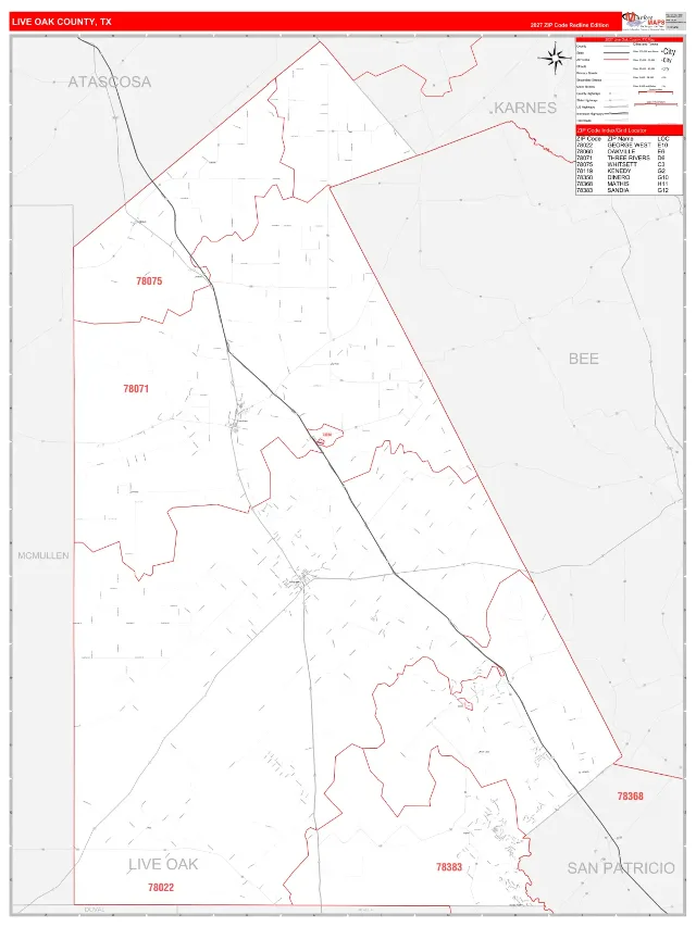 Live Oak County, TX ZIP Code Wall Map, RedLine style