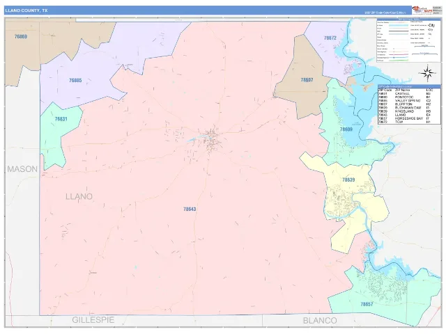 Llano County, TX ZIP Code Wall Map, ColorCast style