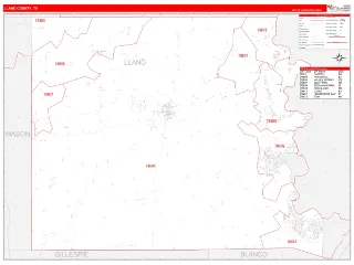 Llano County, TX RedLine style ZIP Code wall map