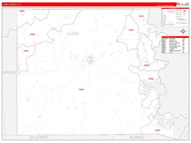 Llano County, TX ZIP Code Wall Map, RedLine style