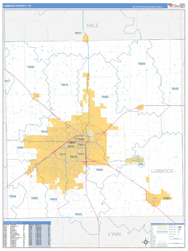Lubbock County, TX ZIP Code Wall Map, Business Reference style