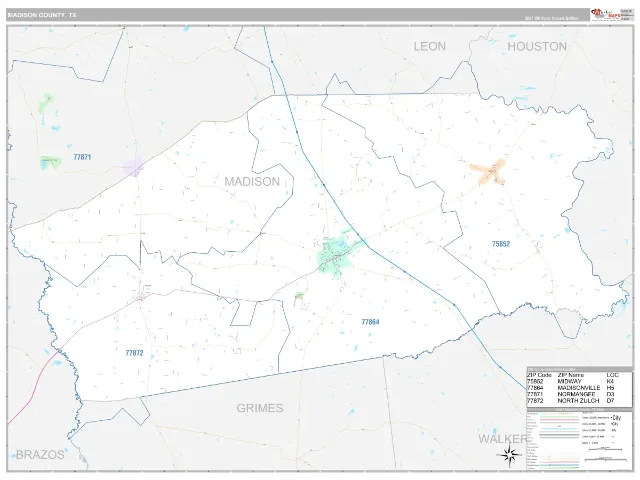 Madison County, TX ZIP Code Wall Map, Classic style