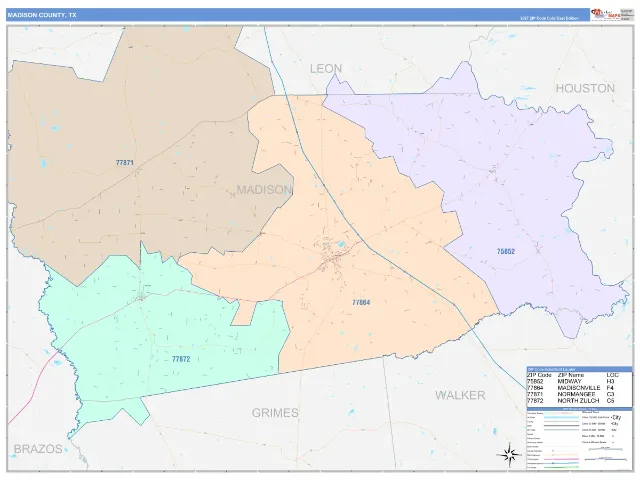 Madison County, TX ZIP Code Wall Map, ColorCast style