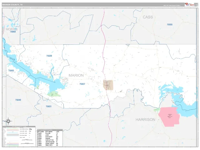 Marion County, TX ZIP Code Wall Map, Classic style