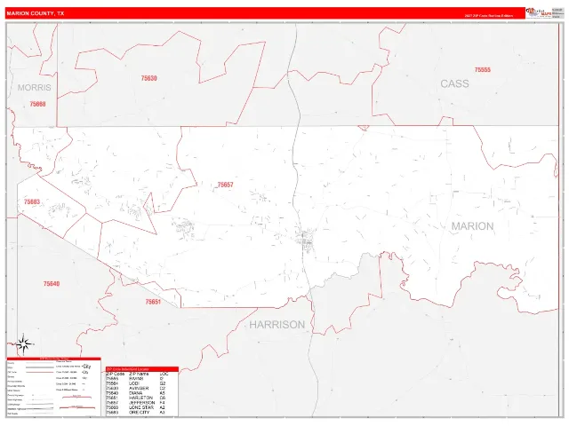 Marion County, TX ZIP Code Wall Map, RedLine style