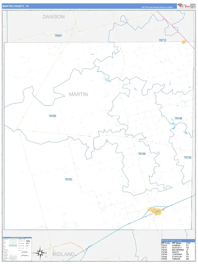 Martin County, TX ZIP Code Wall Map, Business Reference style