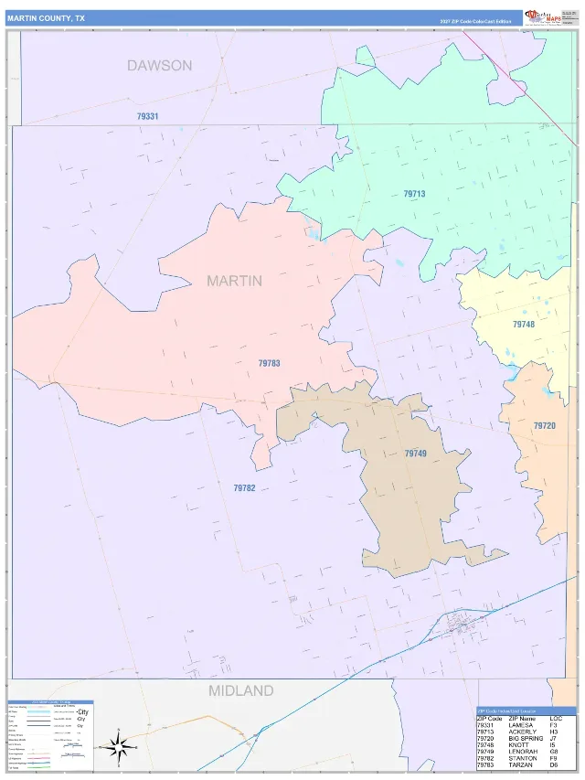 Martin County, TX ZIP Code Wall Map, ColorCast style