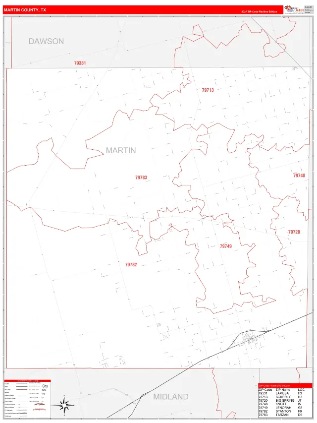 Martin County, TX ZIP Code Wall Map, RedLine style