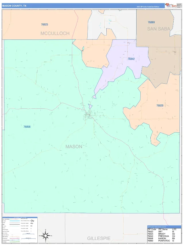 Mason County, TX ZIP Code Wall Map, ColorCast style