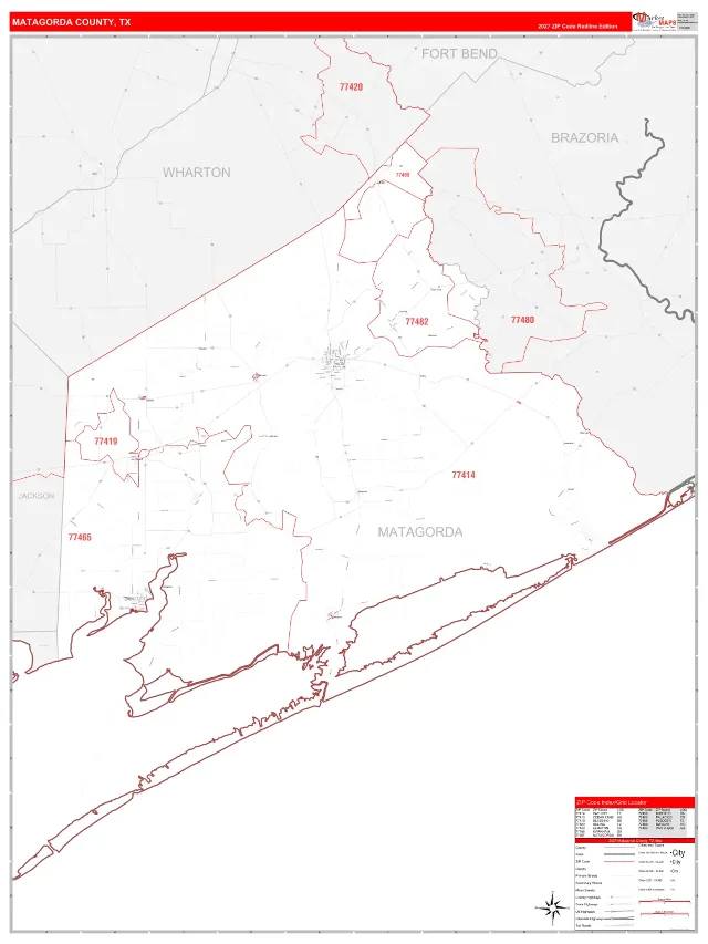 Matagorda County, TX ZIP Code Wall Map, RedLine style