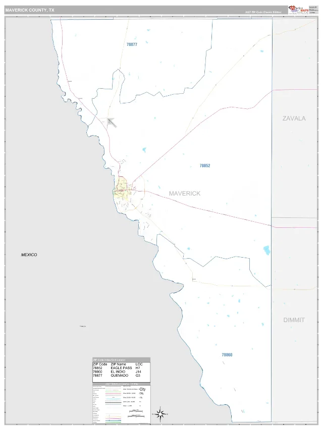 Maverick County, TX ZIP Code Wall Map, Classic style