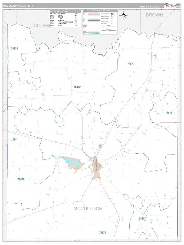 McCulloch County, TX ZIP Code Wall Map, Classic style