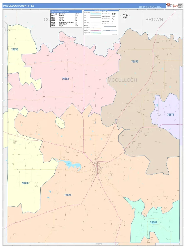 McCulloch County, TX ZIP Code Wall Map, ColorCast style
