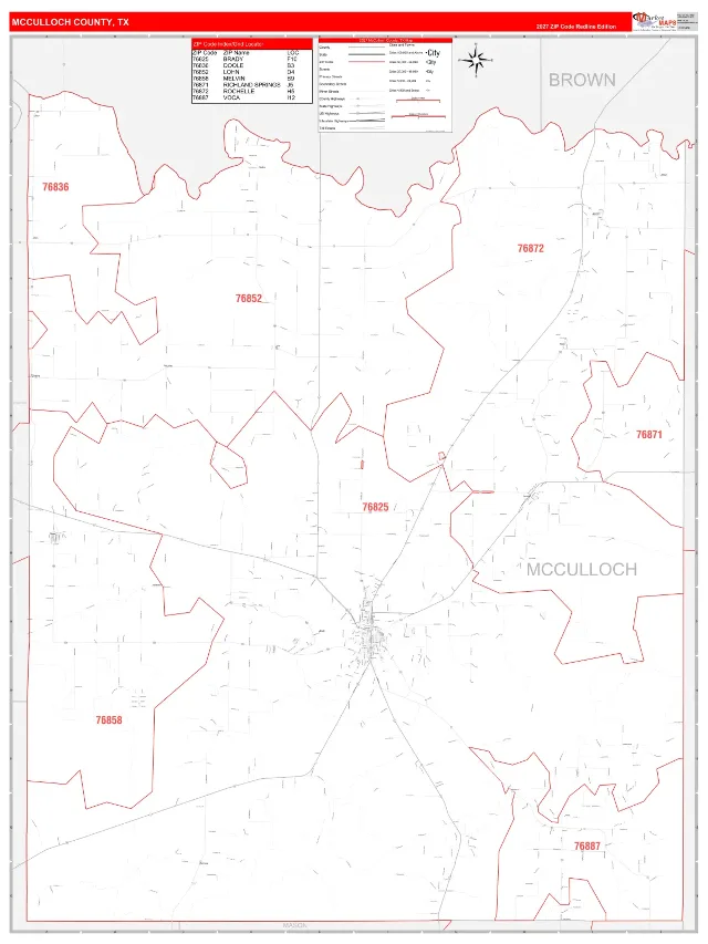 McCulloch County, TX ZIP Code Wall Map, RedLine style