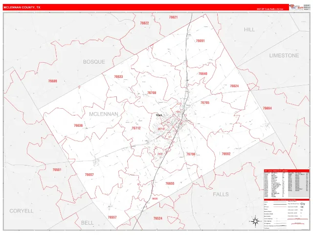 McLennan County, TX ZIP Code Wall Map, RedLine style