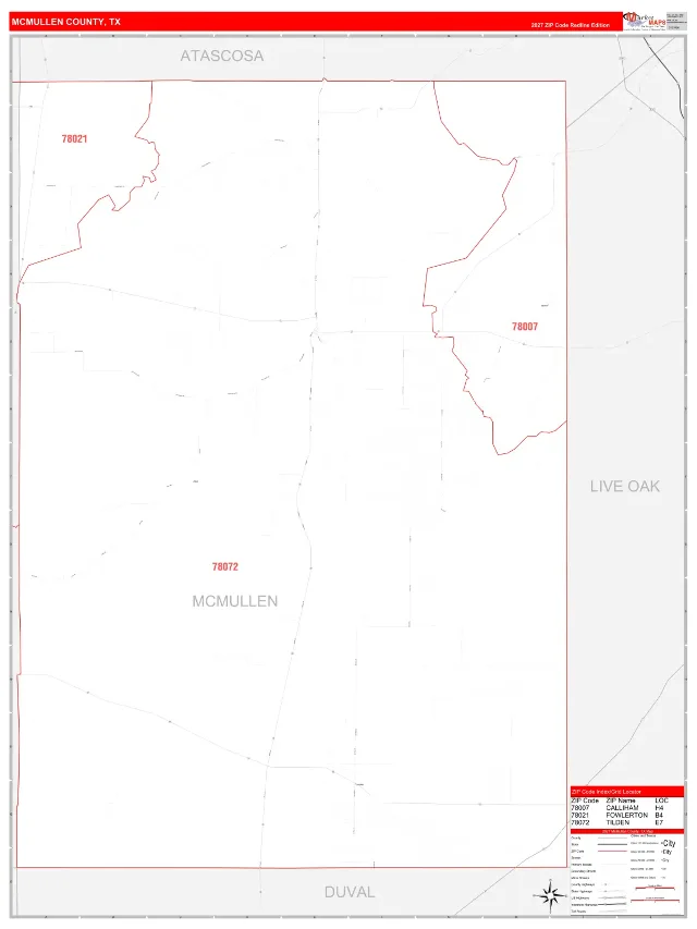 McMullen County, TX ZIP Code Wall Map, RedLine style