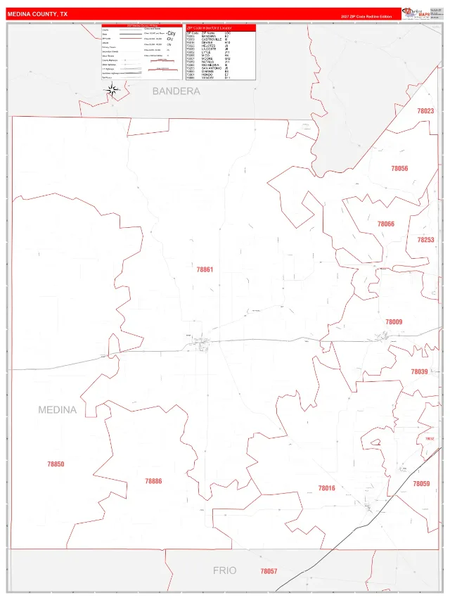 Medina County, TX ZIP Code Wall Map, RedLine style