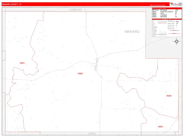 Menard County, TX ZIP Code Wall Map, RedLine style