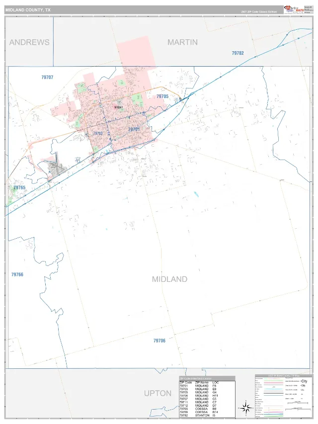 Midland County, TX ZIP Code Wall Map, Classic style