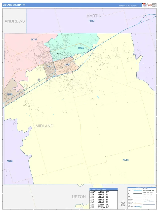 Midland County, TX ZIP Code Wall Map, ColorCast style