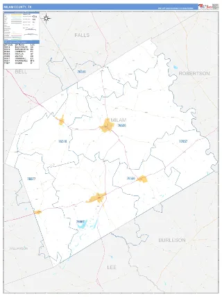 Milam County, TX Business Reference style ZIP Code wall map