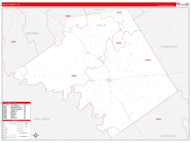 Mills County, TX ZIP Code Wall Map, RedLine style