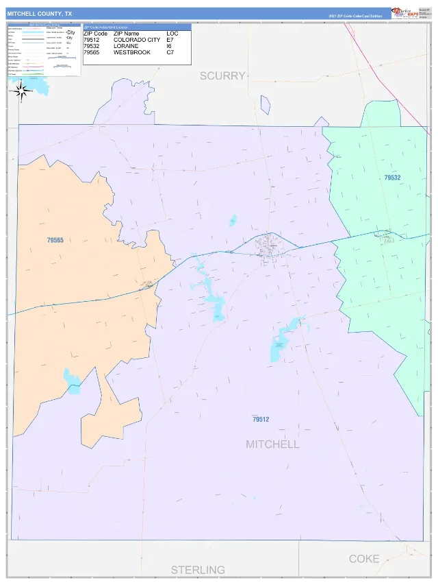 Mitchell County, TX ZIP Code Wall Map, ColorCast style