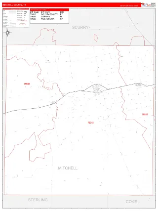 Mitchell County, TX RedLine style ZIP Code wall map