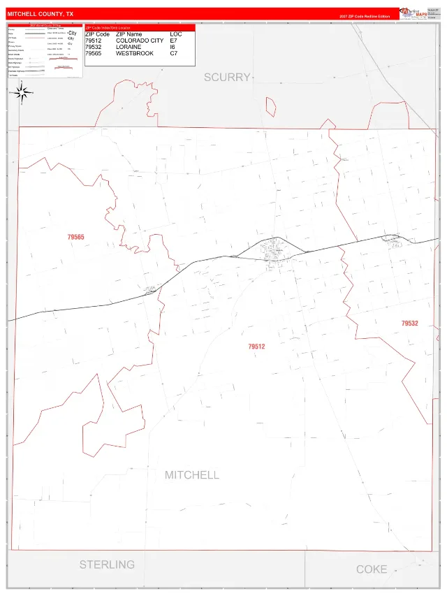 Mitchell County, TX ZIP Code Wall Map, RedLine style