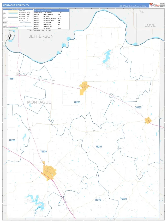 Montague County, TX ZIP Code Wall Map, Business Reference style