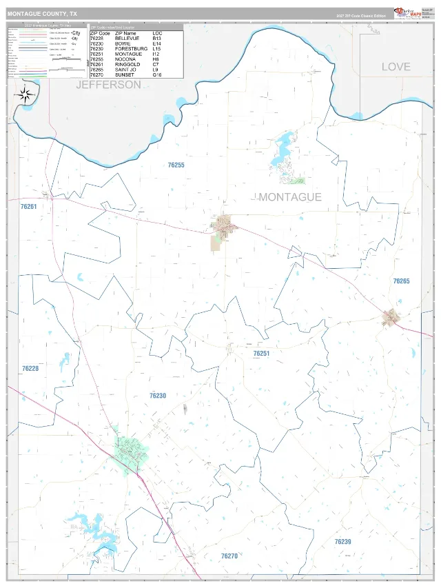 Montague County, TX ZIP Code Wall Map, Classic style