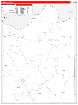 Montague County, TX RedLine style ZIP Code wall map