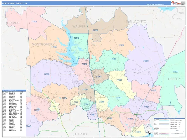 Montgomery County, TX ZIP Code Wall Map, ColorCast style