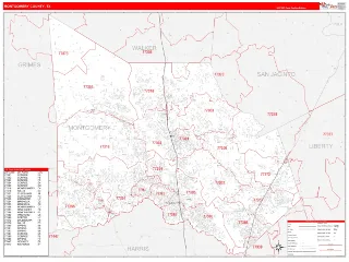 Montgomery County, TX RedLine style ZIP Code wall map