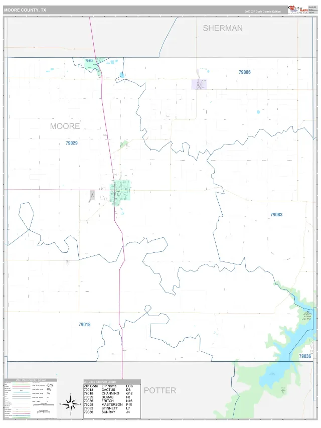 Moore County, TX ZIP Code Wall Map, Classic style