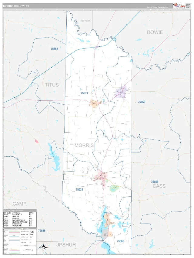 Morris County, TX ZIP Code Wall Map, Classic style