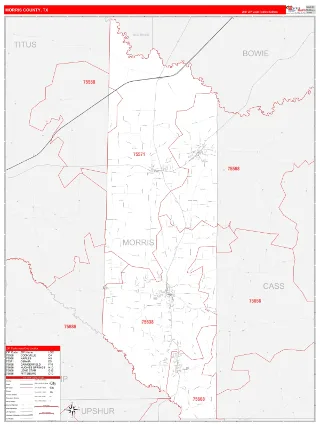 Morris County, TX RedLine style ZIP Code wall map