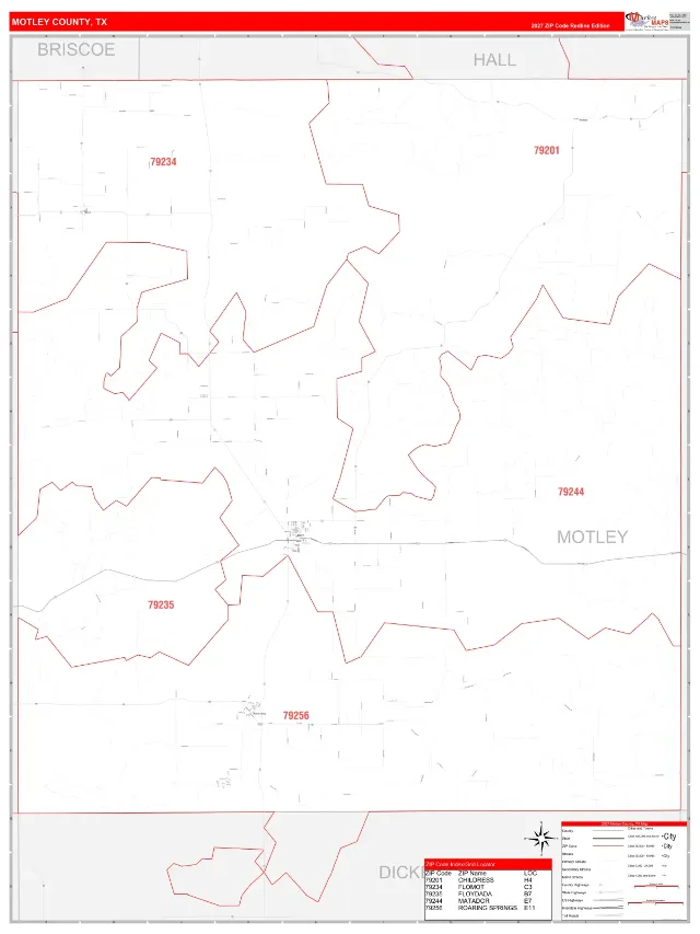 Motley County, TX ZIP Code Wall Map, RedLine style