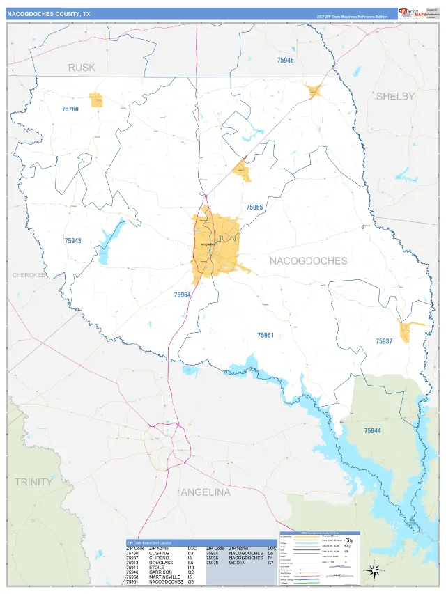 Nacogdoches County, TX ZIP Code Wall Map, Business Reference style