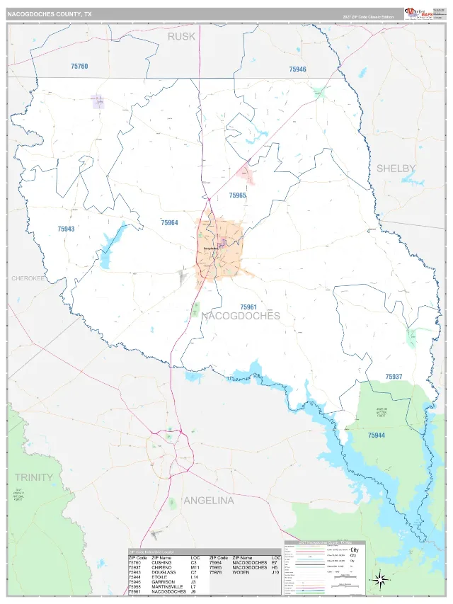 Nacogdoches County, TX ZIP Code Wall Map, Classic style