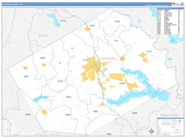 Navarro County, TX ZIP Code Wall Map, Business Reference style