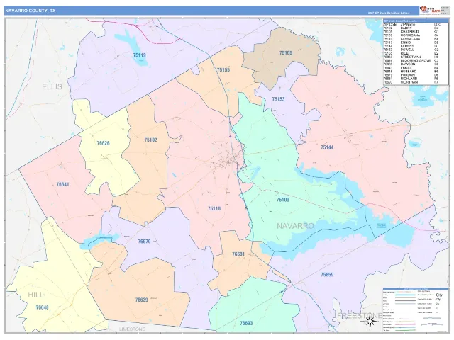 Navarro County, TX ZIP Code Wall Map, ColorCast style