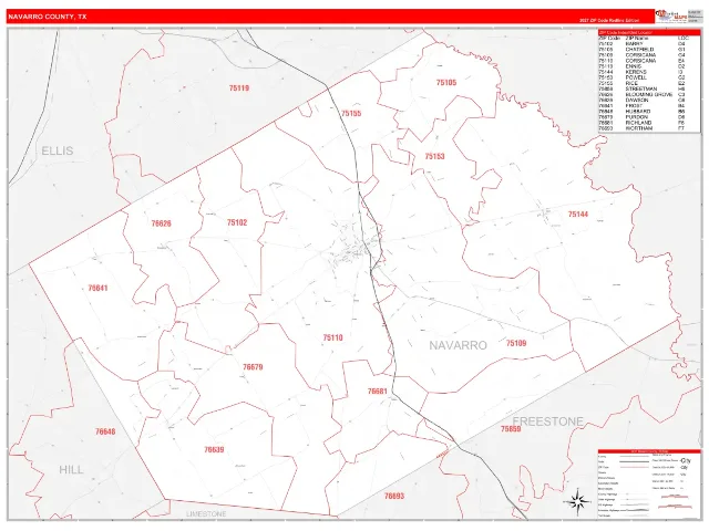 Navarro County, TX ZIP Code Wall Map, RedLine style
