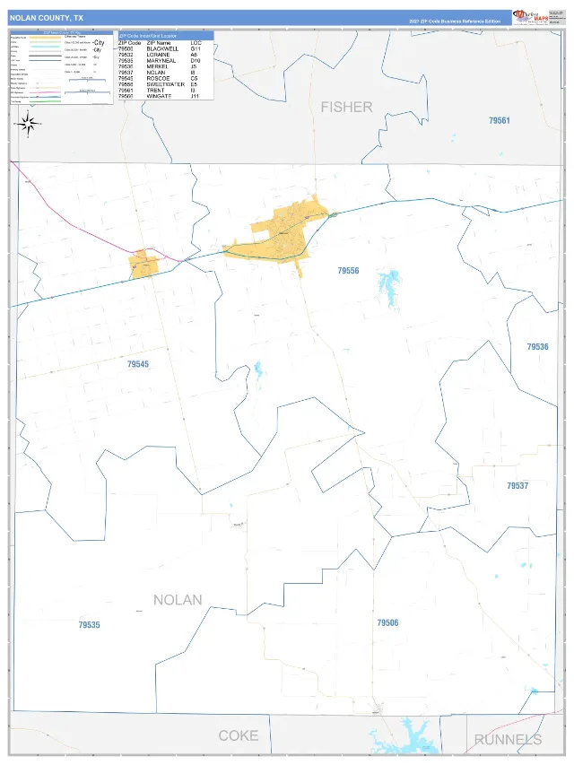 Nolan County, TX ZIP Code Wall Map, Business Reference style
