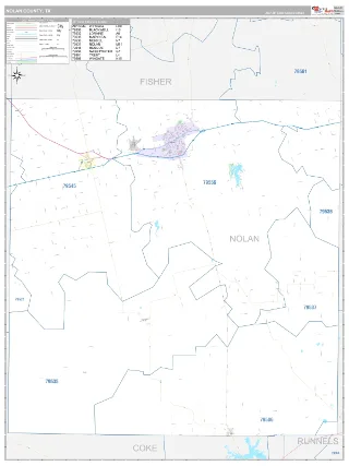 Nolan County, TX Classic style ZIP Code wall map