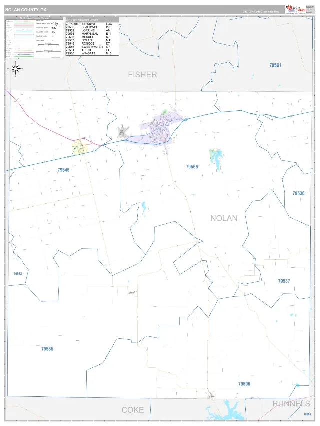 Nolan County, TX ZIP Code Wall Map, Classic style