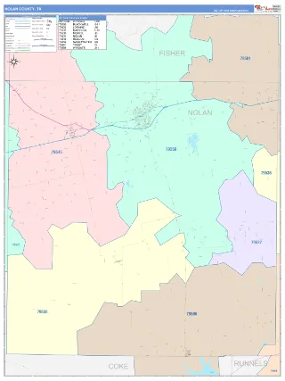 Nolan County, TX ColorCast style ZIP Code wall map