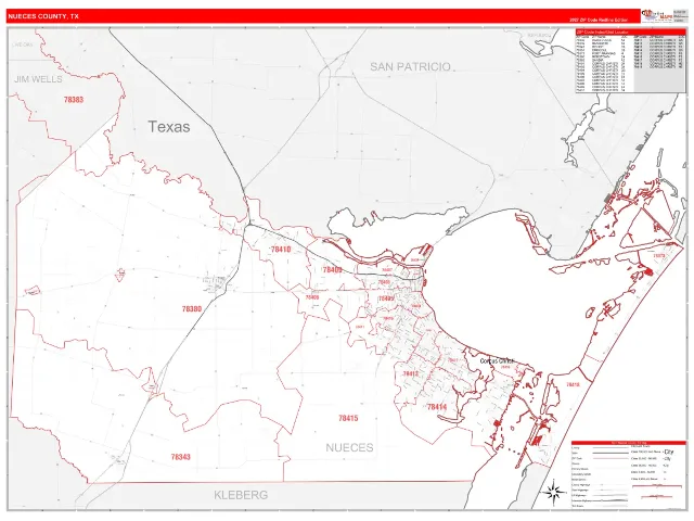 Nueces County, TX ZIP Code Wall Map, RedLine style
