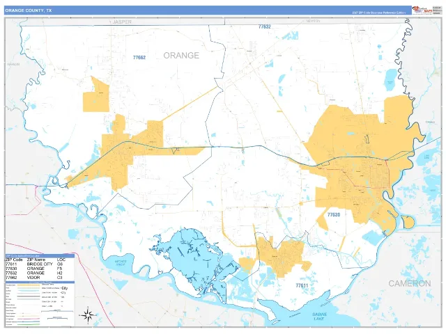 Orange County, TX ZIP Code Wall Map, Business Reference style